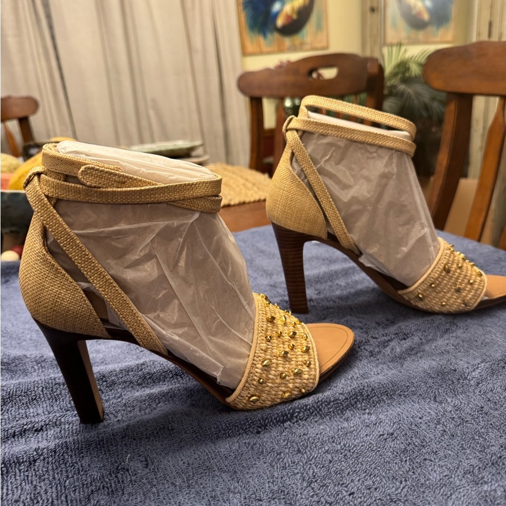 Franco Sarto Gold-Tan Beaded Ankle Tie Heels
